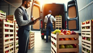 Supervisor com prancheta inspeciona o carregamento de frutas frescas em uma van enquanto as caixas são cuidadosamente transportadas.