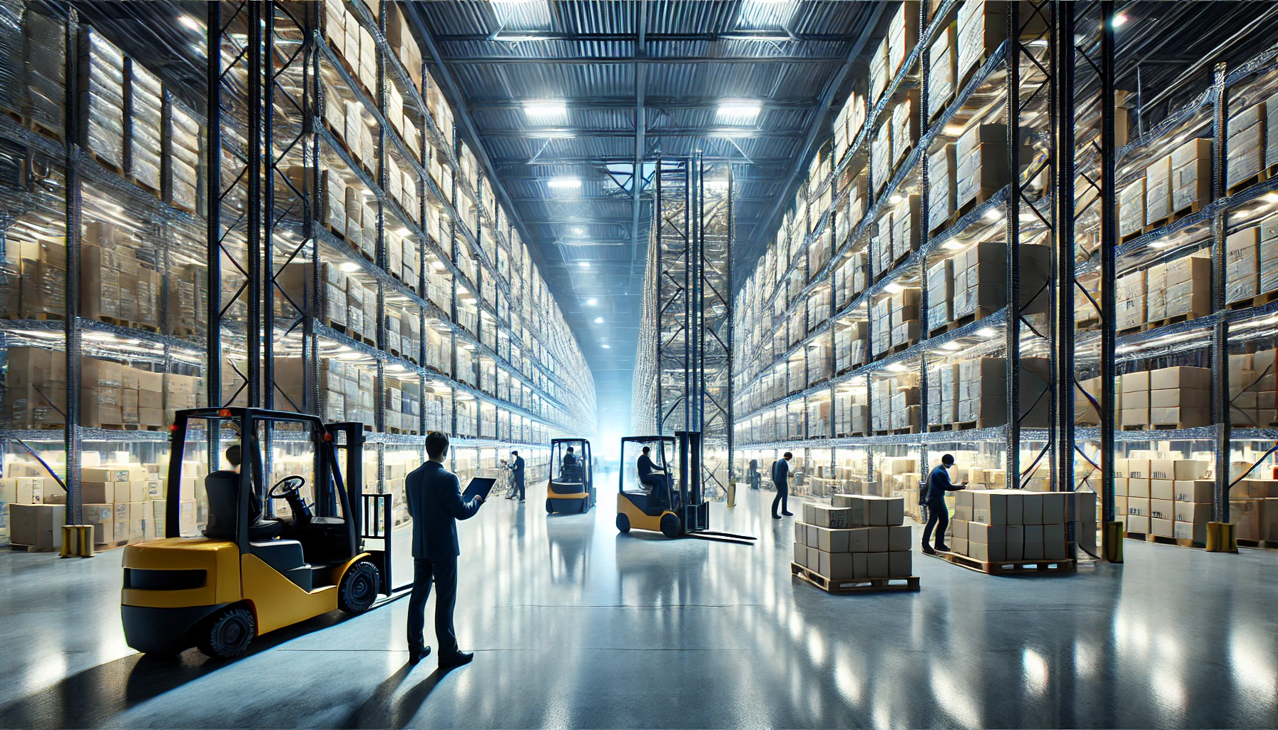 Imagem de um armazém logístico moderno, com prateleiras altas cheias de mercadorias, empilhadeiras em operação e funcionários monitorando o estoque.