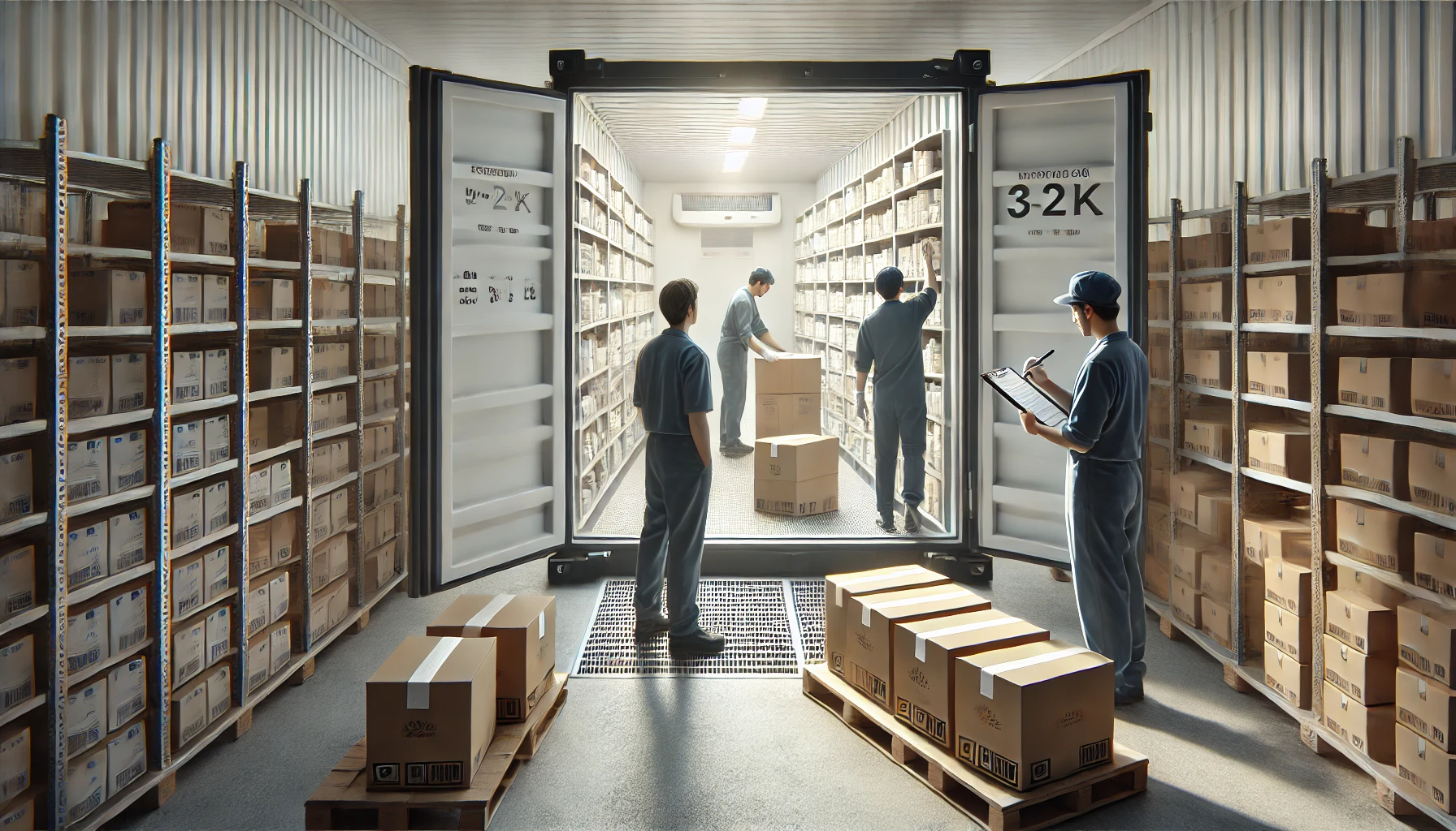 Pessoas armazenando caixas de medicamentos em um contêiner refrigerado, com um fiscal monitorando o processo com uma prancheta em mãos.