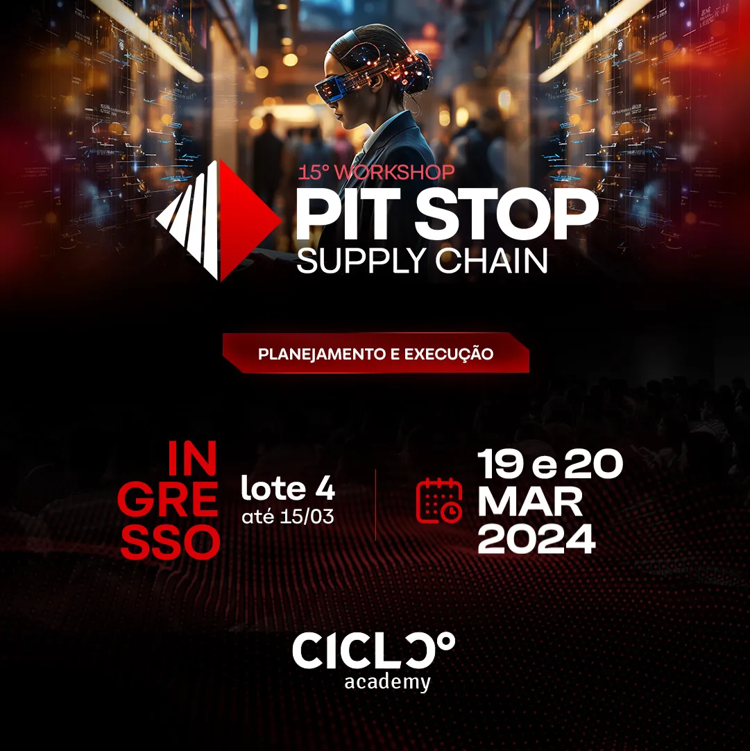 Banner do 15º Workshop Pit Stop Supply Chain da Ciclo Academy, com foco em planejamento e execução, que será realizado em 19 e 20 de março de 2024.