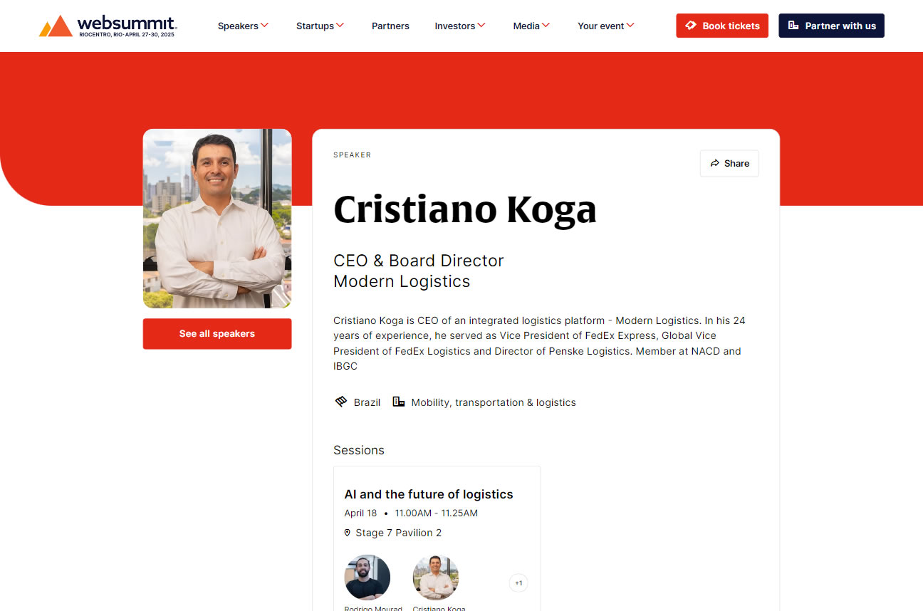 Imagem de Cristiano Koga, CEO da Modern Logistics, como palestrante no Web Summit Rio 2024, onde falará sobre IA e o futuro da logística.